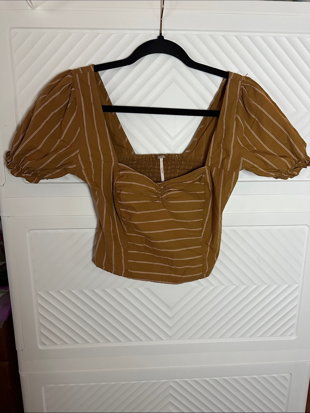Free People Mustard Stripe Puff-Sleeve Square Neck Crop Top